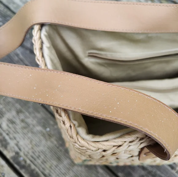 Woven Square Beach Tote Bag Straw Corn Husk Cotton Lined Natural Blue Pink - Picture 6 of 13